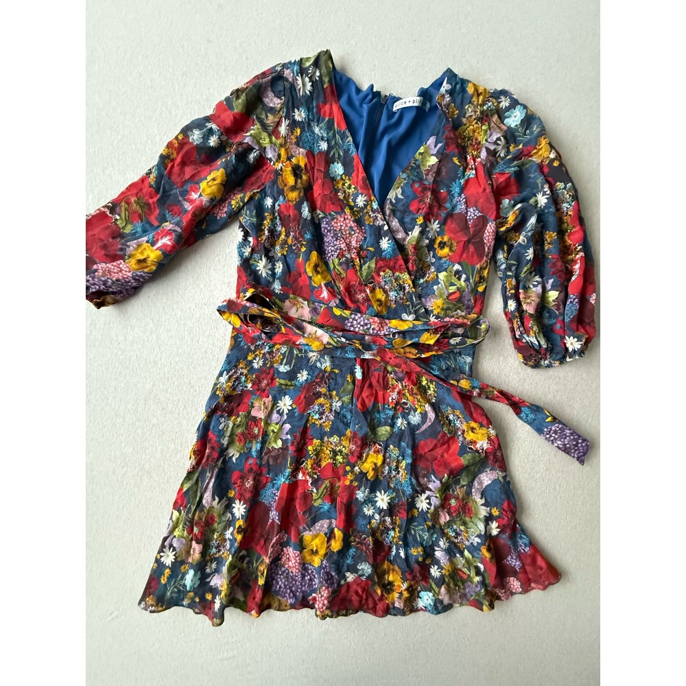 Alice + Olivia Floral V-Neck Puff Sleeve Wrap Mini Dress Blue Red Size 12